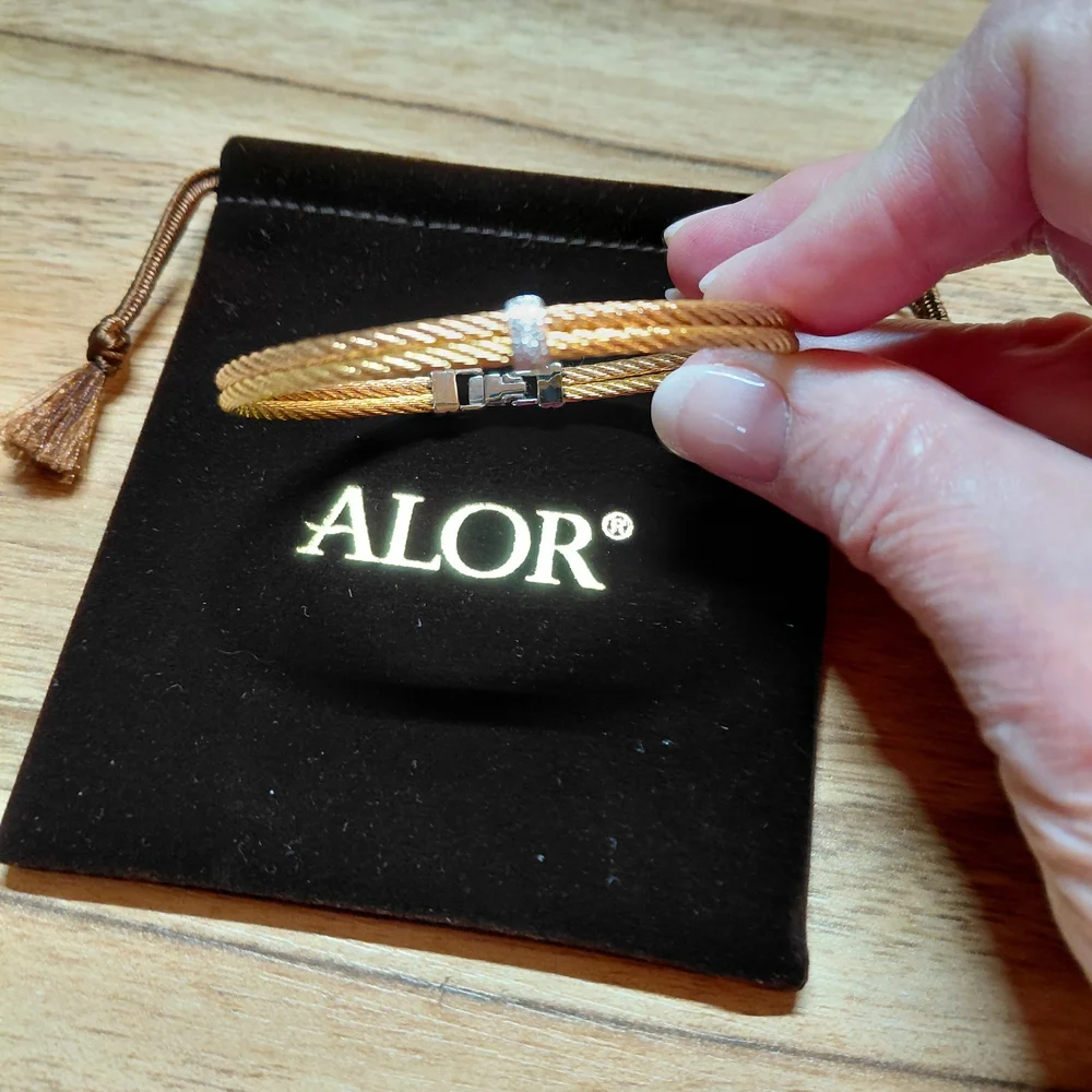ALOR Double Row Stainless Steel Cable, 18K White Gold and Diamond Bracelet - Picture 1 of 3
